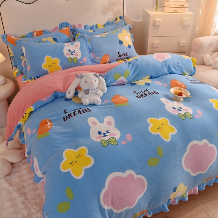 91家纺网 家纺一手货源 找家纺 甜之梦家纺 2025新款泥点绒印花四件套（任何尺寸都可定做） 爱心萌兔