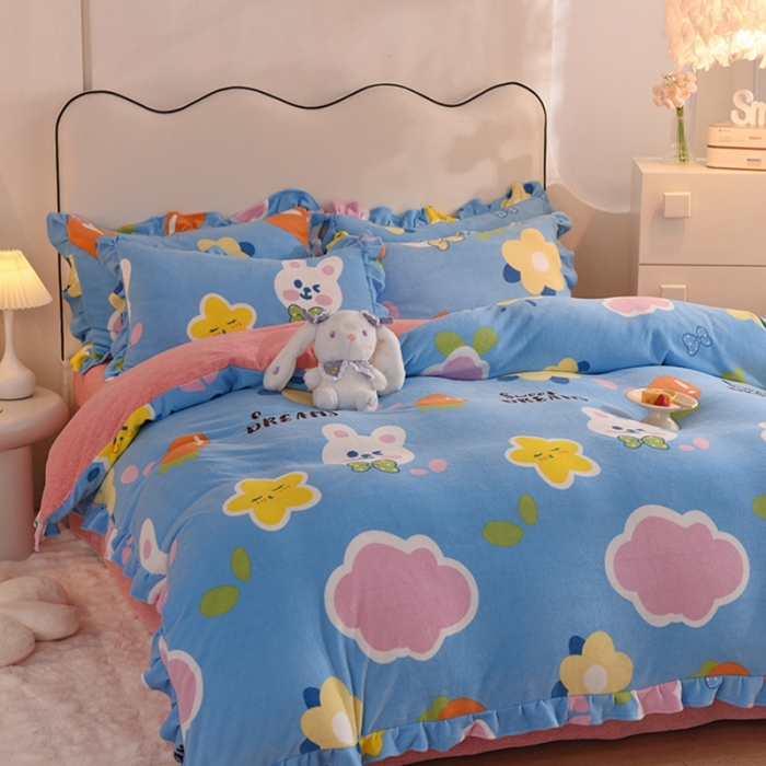 91家纺网 家纺一手货源 找家纺 甜之梦家纺 2025新款泥点绒印花四件套（任何尺寸都可定做） 爱心萌兔