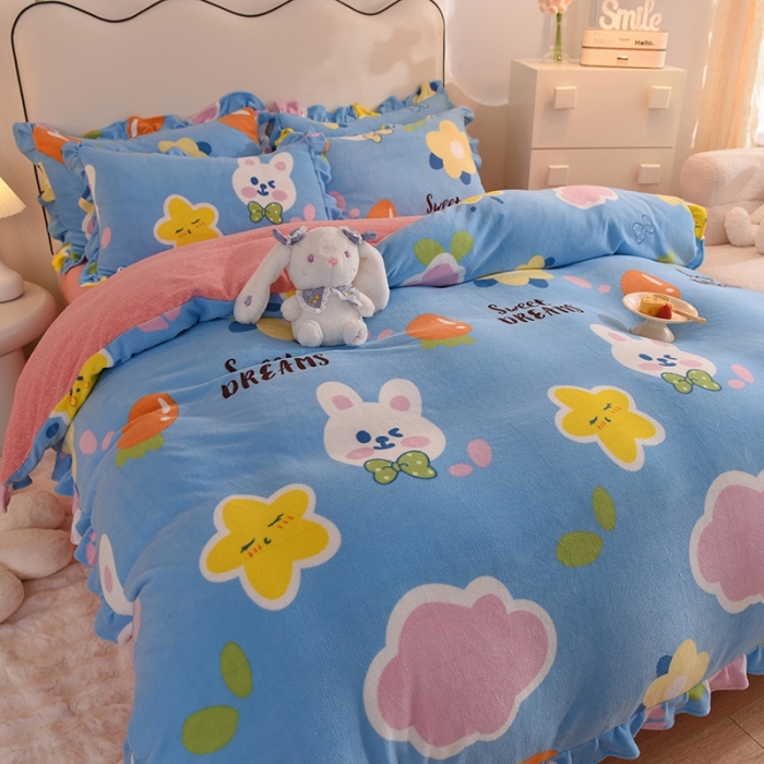 91家纺网 家纺一手货源 找家纺 甜之梦家纺 2025新款泥点绒印花四件套（任何尺寸都可定做） 爱心萌兔