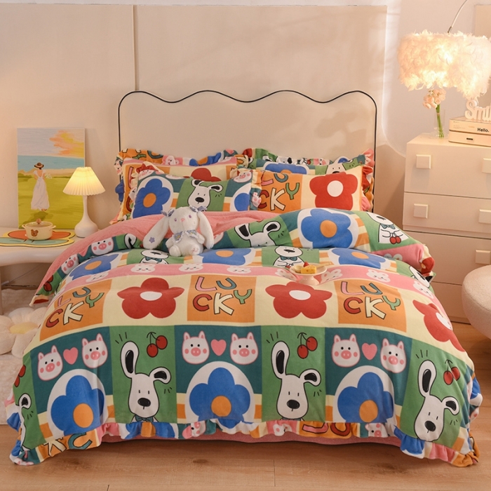 91家纺网 家纺一手货源 找家纺 甜之梦家纺 2025新款泥点绒印花四件套（任何尺寸都可定做） 萌宠跳跳