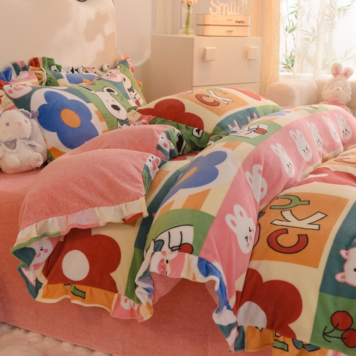 91家纺网 家纺一手货源 找家纺 甜之梦家纺 2025新款泥点绒印花四件套（任何尺寸都可定做） 萌宠跳跳