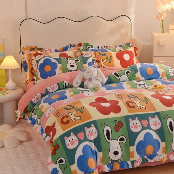 91家纺网 家纺一手货源 找家纺 甜之梦家纺 2025新款泥点绒印花四件套（任何尺寸都可定做） 萌宠跳跳