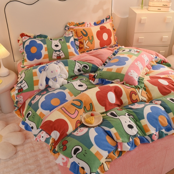 91家纺网 家纺一手货源 找家纺 甜之梦家纺 2025新款泥点绒印花四件套（任何尺寸都可定做） 萌宠跳跳