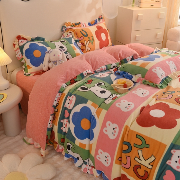 91家纺网 家纺一手货源 找家纺 甜之梦家纺 2025新款泥点绒印花四件套（任何尺寸都可定做） 萌宠跳跳