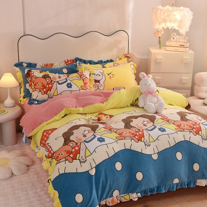 91家纺网 家纺一手货源 找家纺 甜之梦家纺 2025新款泥点绒印花四件套（任何尺寸都可定做） 泡泡公主