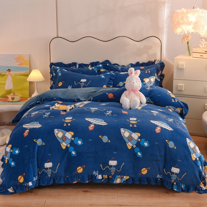 91家纺网 家纺一手货源 找家纺 甜之梦家纺 2025新款泥点绒印花四件套（任何尺寸都可定做） 太空机器人北卡蓝