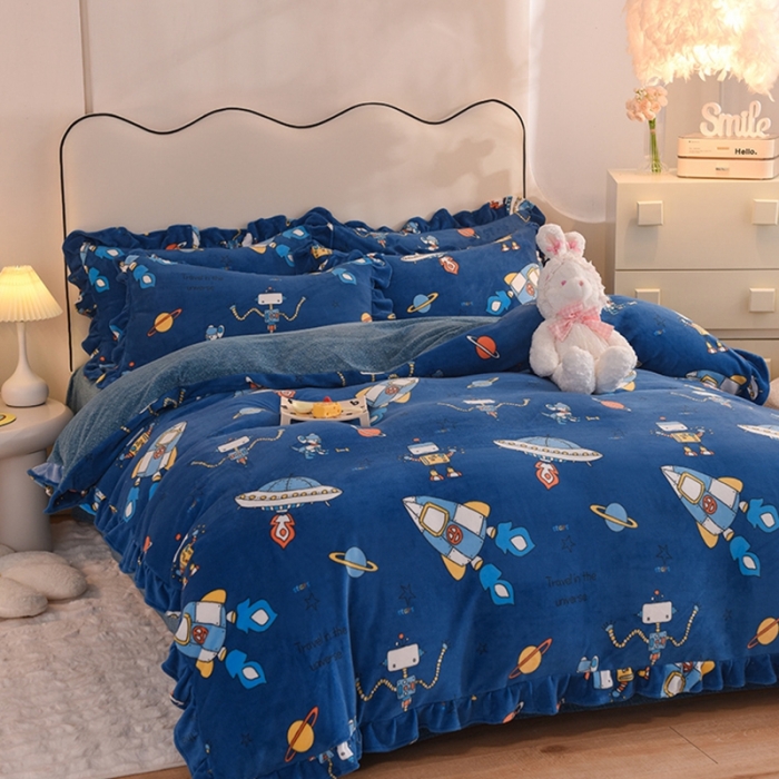 91家纺网 家纺一手货源 找家纺 甜之梦家纺 2025新款泥点绒印花四件套（任何尺寸都可定做） 太空机器人北卡蓝