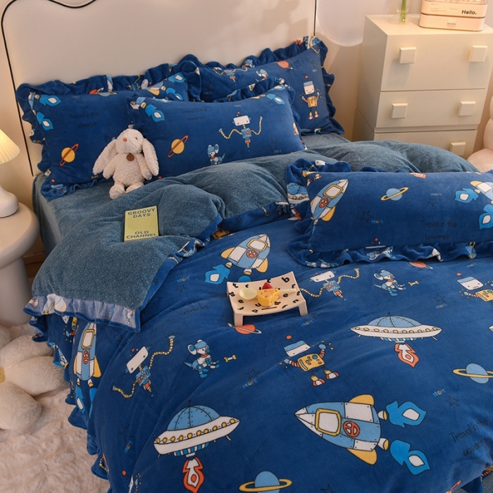 91家纺网 家纺一手货源 找家纺 甜之梦家纺 2025新款泥点绒印花四件套（任何尺寸都可定做） 太空机器人北卡蓝