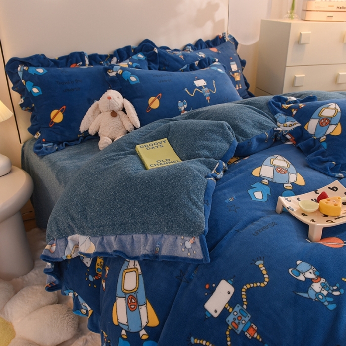 91家纺网 家纺一手货源 找家纺 甜之梦家纺 2025新款泥点绒印花四件套（任何尺寸都可定做） 太空机器人北卡蓝