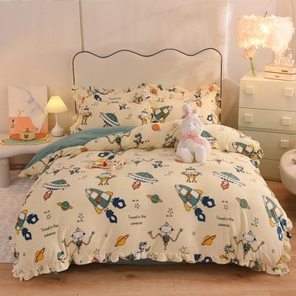 甜之梦家纺 2025新款泥点绒印花四件套（任何尺寸都可定做） 太空机器人米白