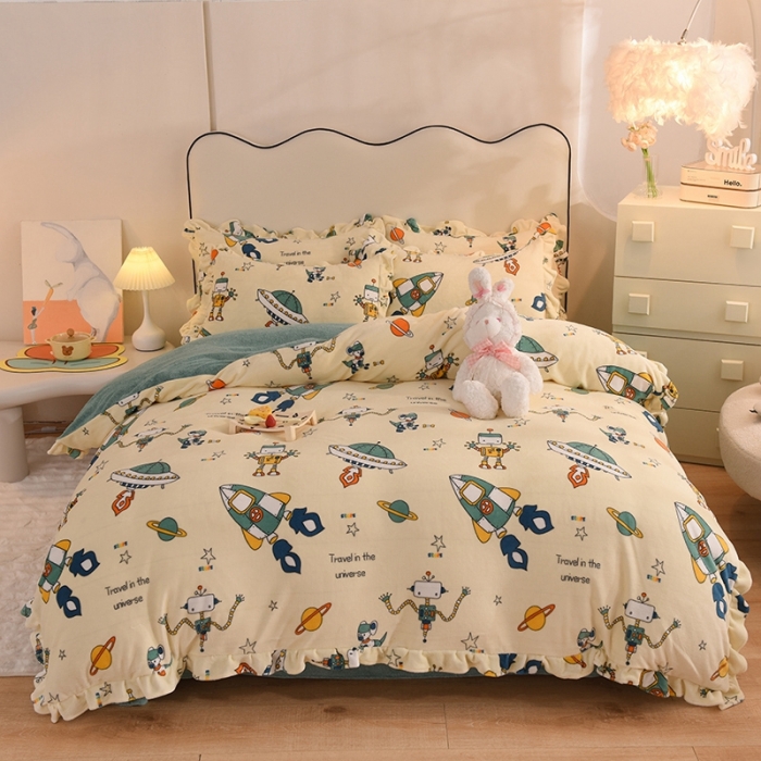 91家纺网 家纺一手货源 找家纺 甜之梦家纺 2025新款泥点绒印花四件套（任何尺寸都可定做） 太空机器人米白