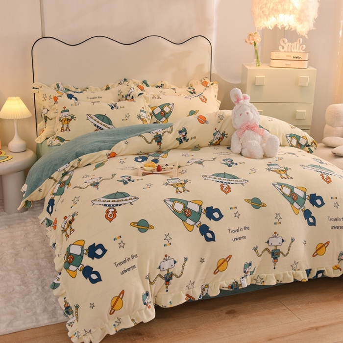 91家纺网 家纺一手货源 找家纺 甜之梦家纺 2025新款泥点绒印花四件套（任何尺寸都可定做） 太空机器人米白