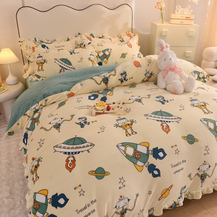 91家纺网 家纺一手货源 找家纺 甜之梦家纺 2025新款泥点绒印花四件套（任何尺寸都可定做） 太空机器人米白