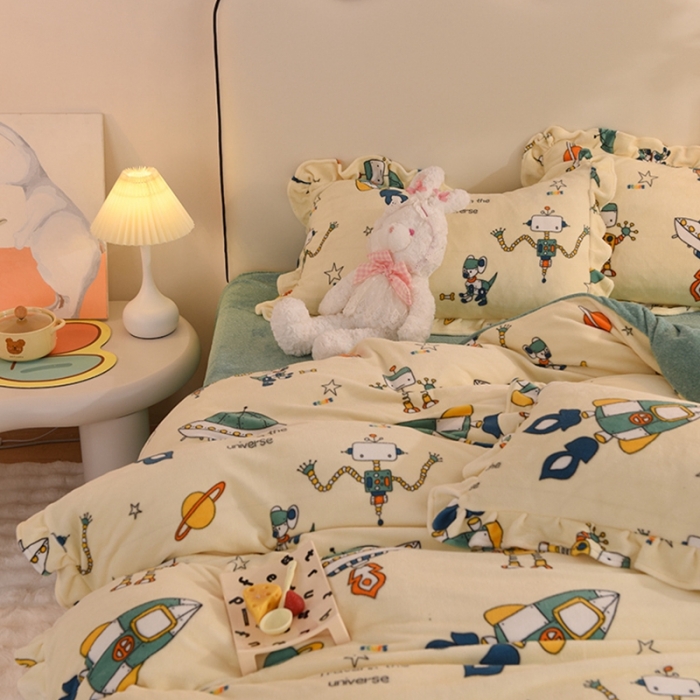 91家纺网 家纺一手货源 找家纺 甜之梦家纺 2025新款泥点绒印花四件套（任何尺寸都可定做） 太空机器人米白