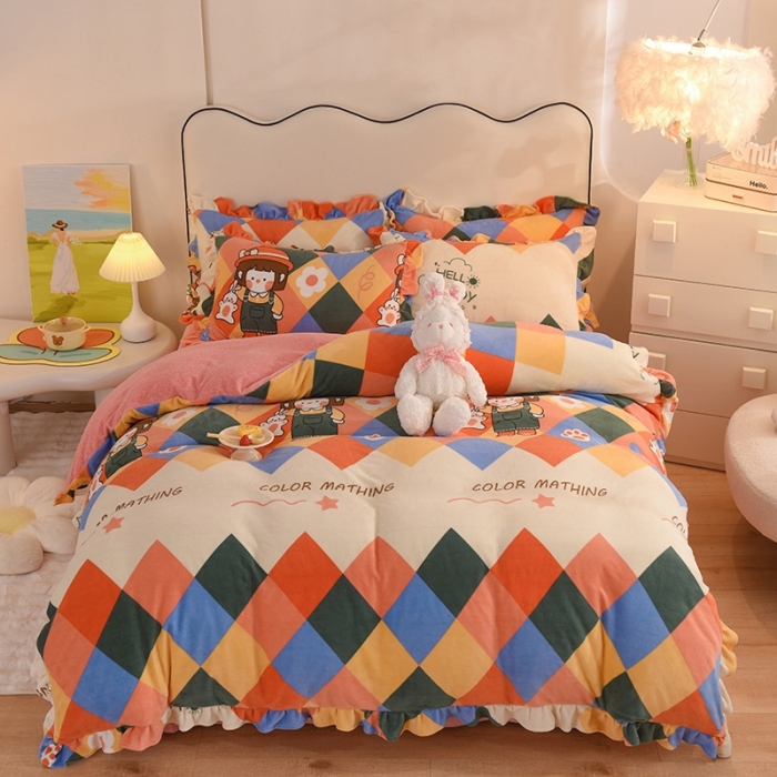 91家纺网 家纺一手货源 找家纺 甜之梦家纺 2025新款泥点绒印花四件套（任何尺寸都可定做） 校园女孩