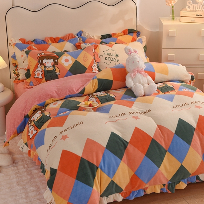 91家纺网 家纺一手货源 找家纺 甜之梦家纺 2025新款泥点绒印花四件套（任何尺寸都可定做） 校园女孩