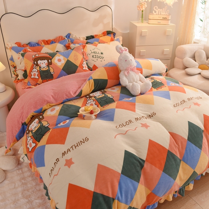 91家纺网 家纺一手货源 找家纺 甜之梦家纺 2025新款泥点绒印花四件套（任何尺寸都可定做） 校园女孩