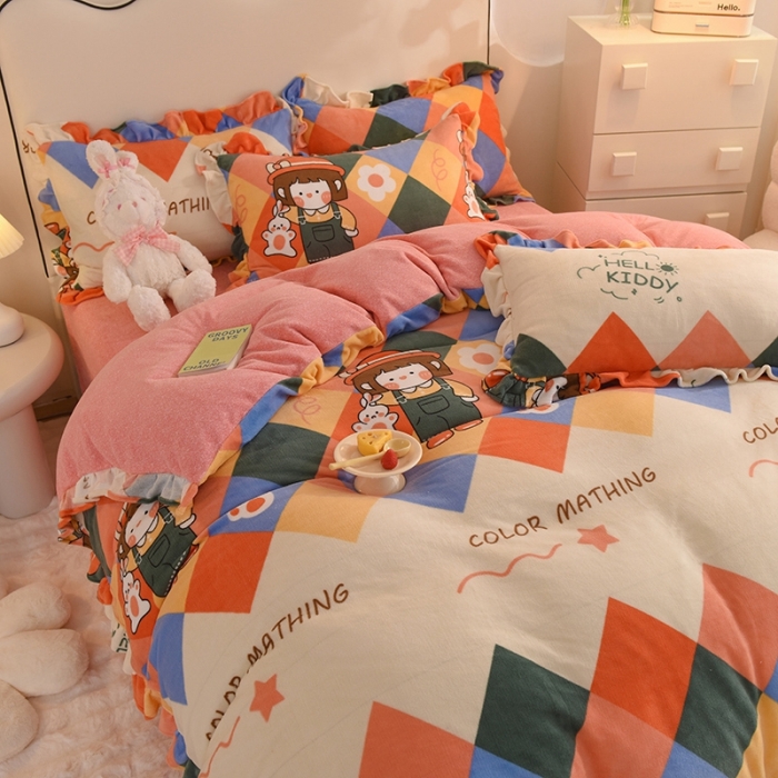 91家纺网 家纺一手货源 找家纺 甜之梦家纺 2025新款泥点绒印花四件套（任何尺寸都可定做） 校园女孩