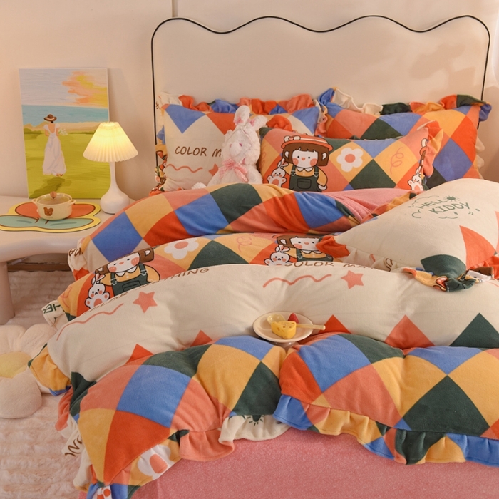 91家纺网 家纺一手货源 找家纺 甜之梦家纺 2025新款泥点绒印花四件套（任何尺寸都可定做） 校园女孩