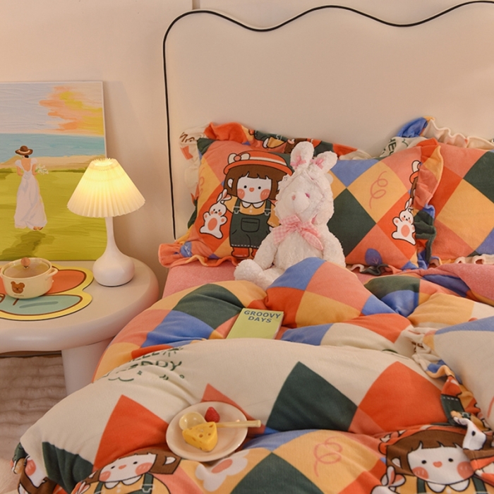 91家纺网 家纺一手货源 找家纺 甜之梦家纺 2025新款泥点绒印花四件套（任何尺寸都可定做） 校园女孩