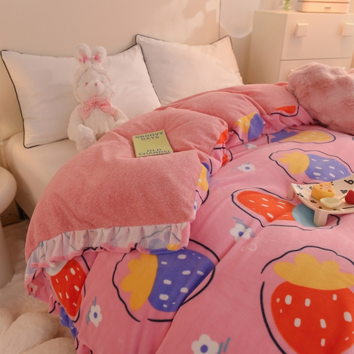 91家纺网 家纺一手货源 找家纺 甜之梦家纺 2025新款韩版泥点绒单被套（任何尺寸都可定做） 粉红草莓