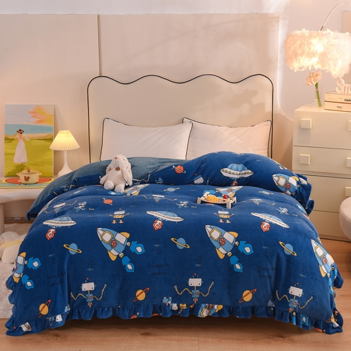 91家纺网 家纺一手货源 找家纺 甜之梦家纺 2025新款韩版泥点绒单被套（任何尺寸都可定做） 太空机器人北卡蓝