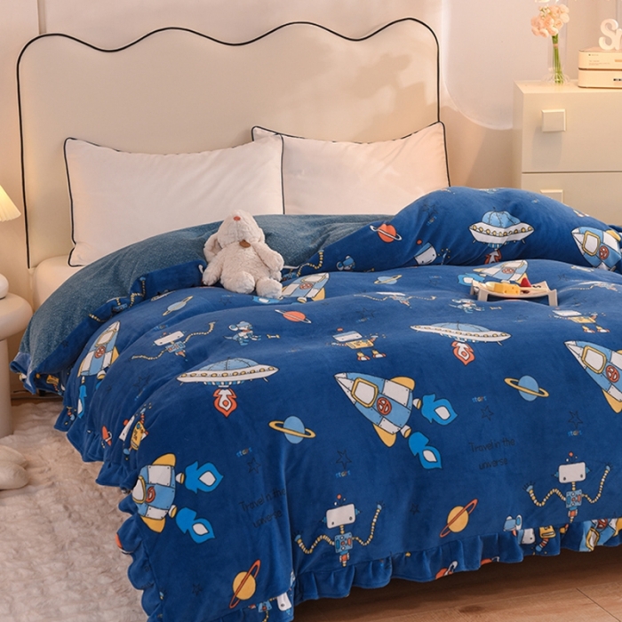 91家纺网 家纺一手货源 找家纺 甜之梦家纺 2025新款韩版泥点绒单被套（任何尺寸都可定做） 太空机器人北卡蓝