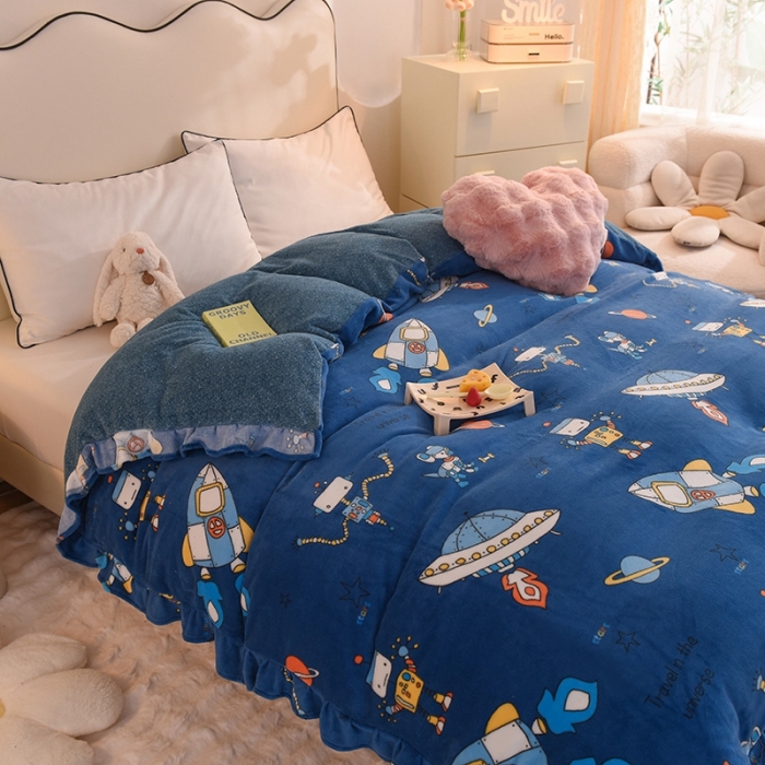 91家纺网 家纺一手货源 找家纺 甜之梦家纺 2025新款韩版泥点绒单被套（任何尺寸都可定做） 太空机器人北卡蓝