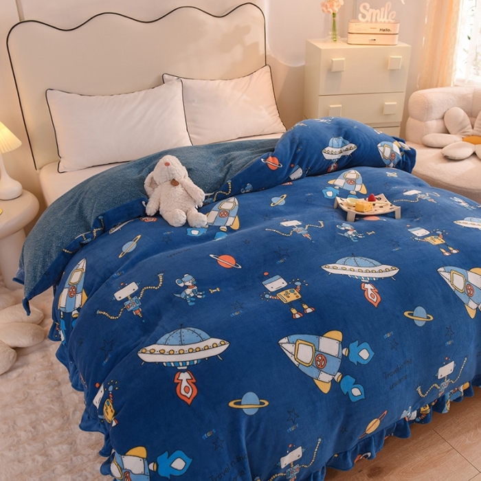 91家纺网 家纺一手货源 找家纺 甜之梦家纺 2025新款韩版泥点绒单被套（任何尺寸都可定做） 太空机器人北卡蓝