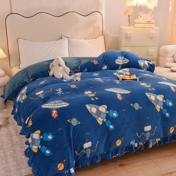 91家纺网 家纺一手货源 找家纺 甜之梦家纺 2025新款韩版泥点绒单被套（任何尺寸都可定做） 太空机器人北卡蓝