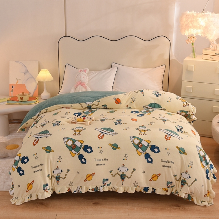 91家纺网 家纺一手货源 找家纺 甜之梦家纺 2025新款韩版泥点绒单被套（任何尺寸都可定做） 太空机器人米白