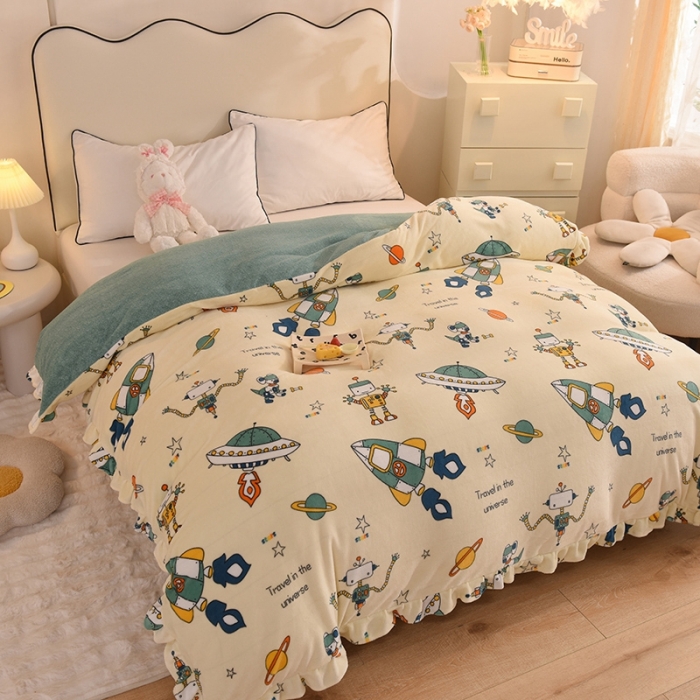 91家纺网 家纺一手货源 找家纺 甜之梦家纺 2025新款韩版泥点绒单被套（任何尺寸都可定做） 太空机器人米白