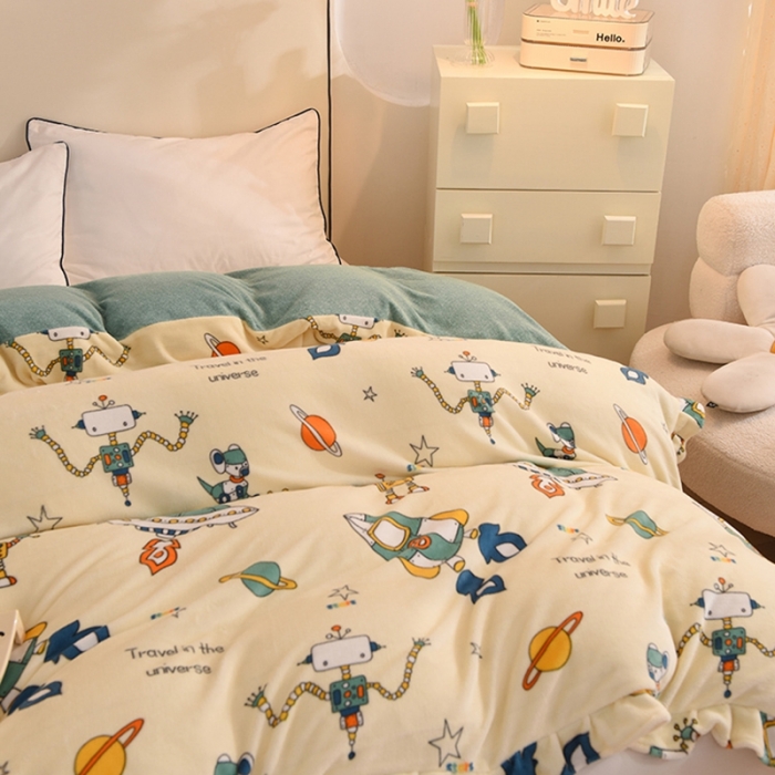 91家纺网 家纺一手货源 找家纺 甜之梦家纺 2025新款韩版泥点绒单被套（任何尺寸都可定做） 太空机器人米白