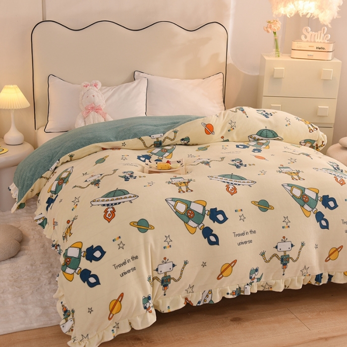 91家纺网 家纺一手货源 找家纺 甜之梦家纺 2025新款韩版泥点绒单被套（任何尺寸都可定做） 太空机器人米白