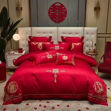 91家纺网 家纺一手货源 找家纺 宏羽纺 2024新款纯棉新中式刺绣婚庆多件套 欢喜