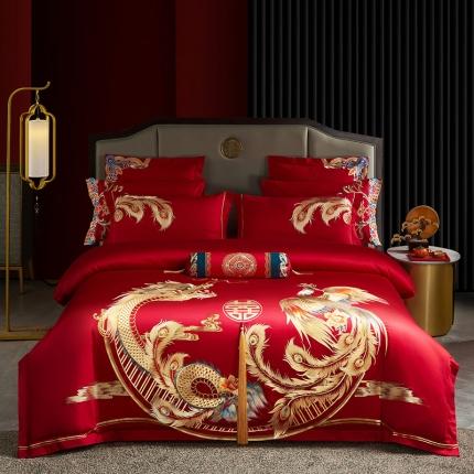 91家纺网 家纺一手货源 找家纺 宏羽纺 2024新款纯棉新中式刺绣婚庆多件套 龙凤婵娟