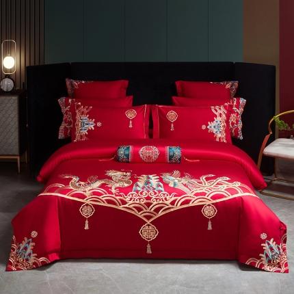 91家纺网 家纺一手货源 找家纺 宏羽纺 2024新款纯棉新中式刺绣婚庆多件套 龙凤和美