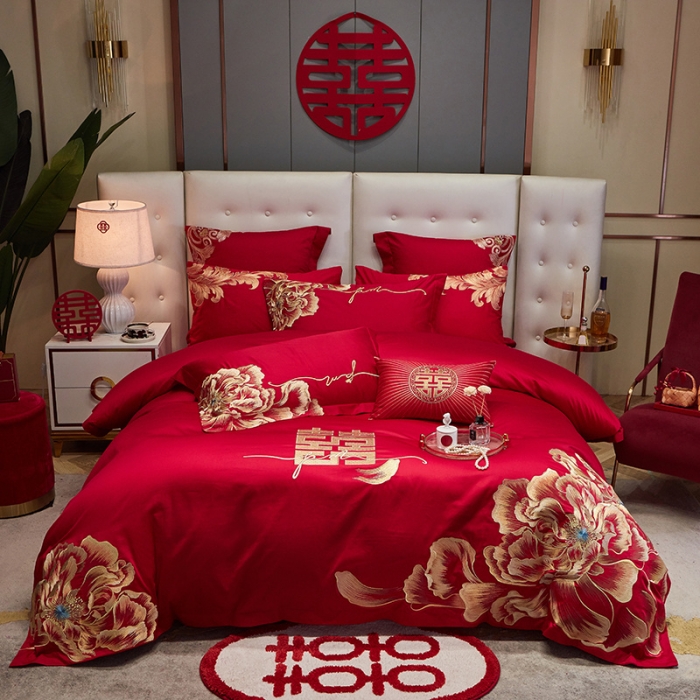 91家纺网 家纺一手货源 找家纺 宏羽纺 2024新款纯棉新中式刺绣婚庆多件套 玫瑰佳人