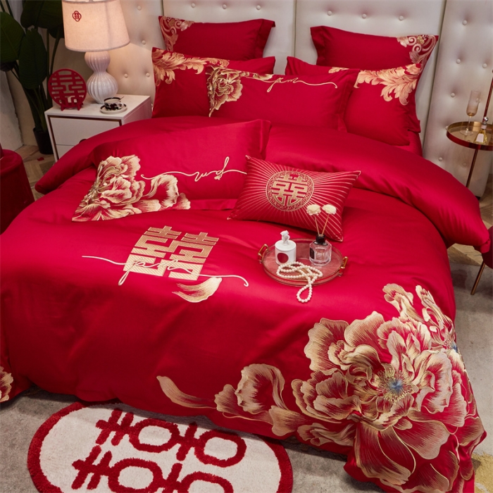 91家纺网 家纺一手货源 找家纺 宏羽纺 2024新款纯棉新中式刺绣婚庆多件套 玫瑰佳人