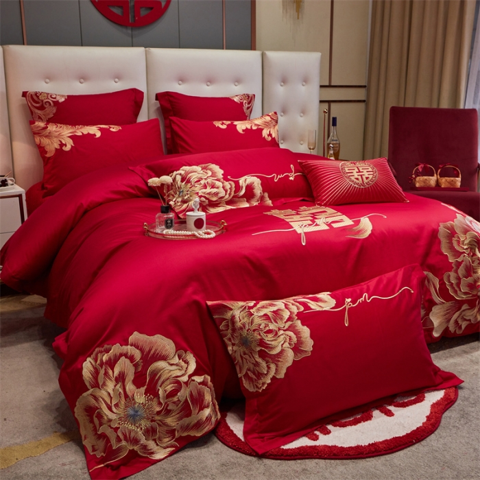 91家纺网 家纺一手货源 找家纺 宏羽纺 2024新款纯棉新中式刺绣婚庆多件套 玫瑰佳人