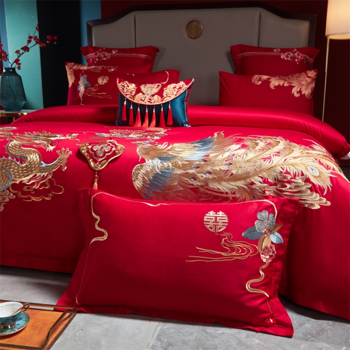 91家纺网 家纺一手货源 找家纺 宏羽纺 2024新款纯棉新中式刺绣婚庆多件套 天作之合