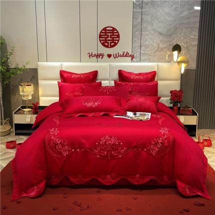 91家纺网 家纺一手货源 找家纺 宏羽纺 2024新款纯棉新中式刺绣婚庆多件套 珠联璧合-红