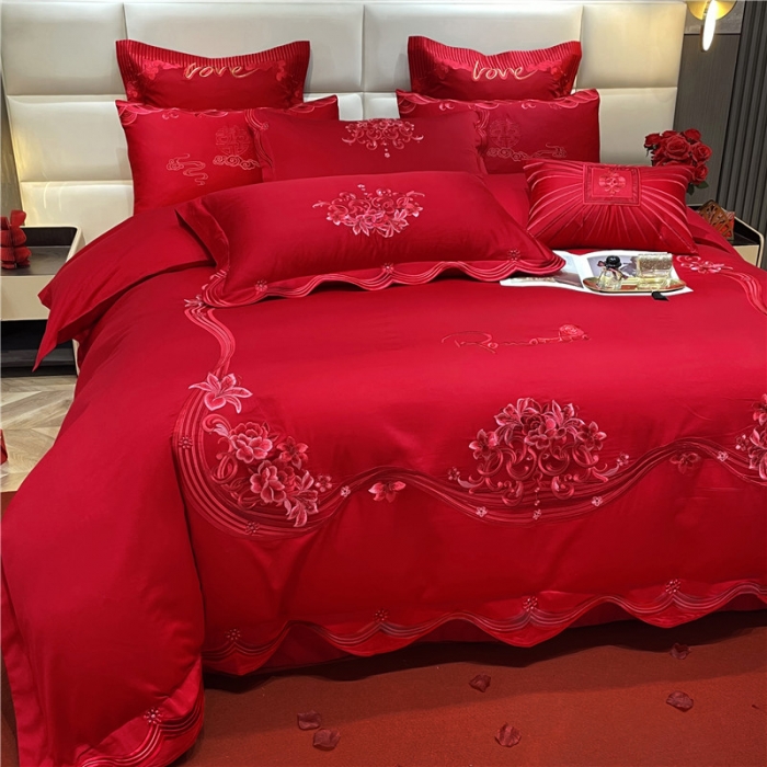 91家纺网 家纺一手货源 找家纺 宏羽纺 2024新款纯棉新中式刺绣婚庆多件套 珠联璧合-红