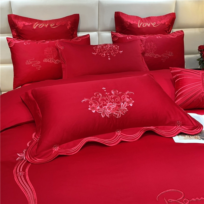 91家纺网 家纺一手货源 找家纺 宏羽纺 2024新款纯棉新中式刺绣婚庆多件套 珠联璧合-红