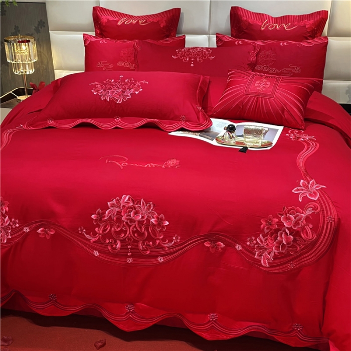 91家纺网 家纺一手货源 找家纺 宏羽纺 2024新款纯棉新中式刺绣婚庆多件套 珠联璧合-红