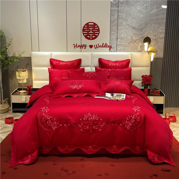 91家纺网 家纺一手货源 找家纺 宏羽纺 2024新款纯棉新中式刺绣婚庆多件套 珠联璧合-红