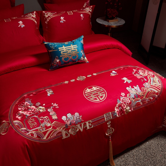 91家纺网 家纺一手货源 找家纺 宏羽纺 2024新款纯棉新中式刺绣婚庆多件套 子孙满堂