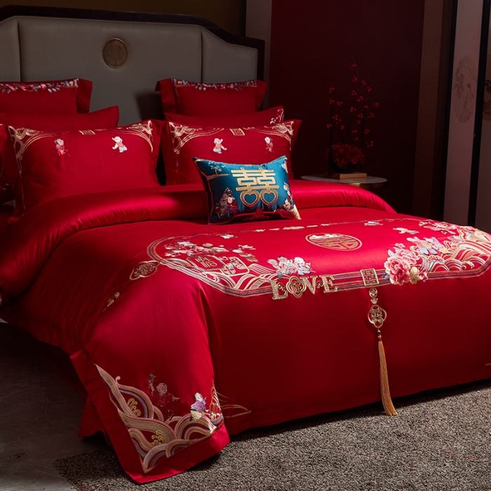 91家纺网 家纺一手货源 找家纺 宏羽纺 2024新款纯棉新中式刺绣婚庆多件套 子孙满堂