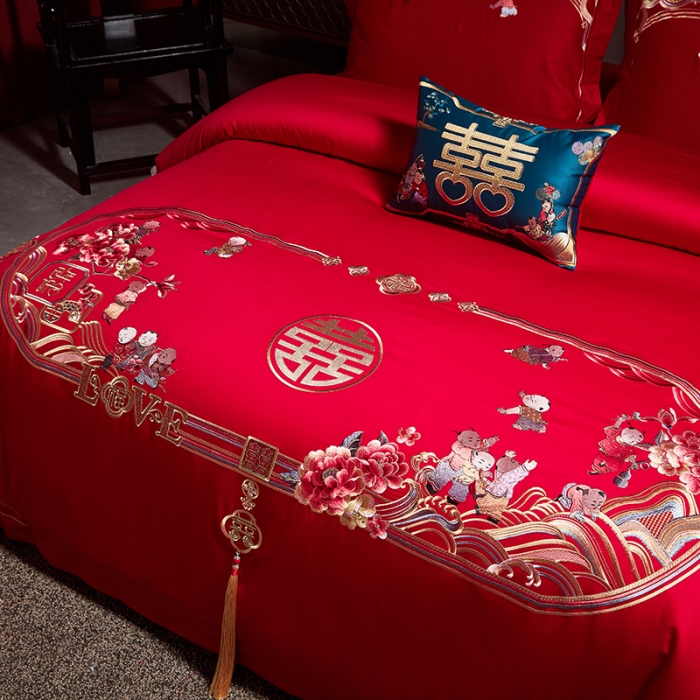 91家纺网 家纺一手货源 找家纺 宏羽纺 2024新款纯棉新中式刺绣婚庆多件套 子孙满堂