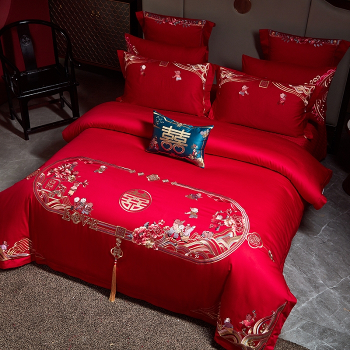 91家纺网 家纺一手货源 找家纺 宏羽纺 2024新款纯棉新中式刺绣婚庆多件套 子孙满堂